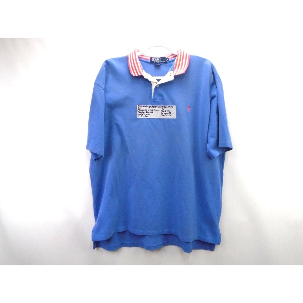 Polo Ralph Lauren contrast-collar Polo Shirt M Stripe PONY Made USA Retro Blue